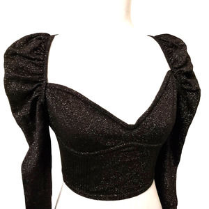 Lè Rumi RARE UNIQUE Cropped Long Puff Sleeve Sweater Black Metallic Thread NEW